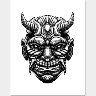 Japanese Oni Mask black and white Posters and Art